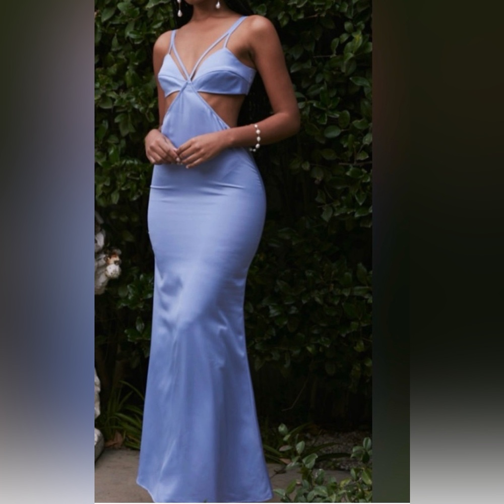 Camila Coelho Light Blue Backless Satin Faron Evening Gown Revolve size XS